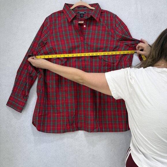 Lands' End Shirt Womens 22W Red Tartan Plaid No Iron Supima Cotton Long Sleeve - Picture 4 of 15